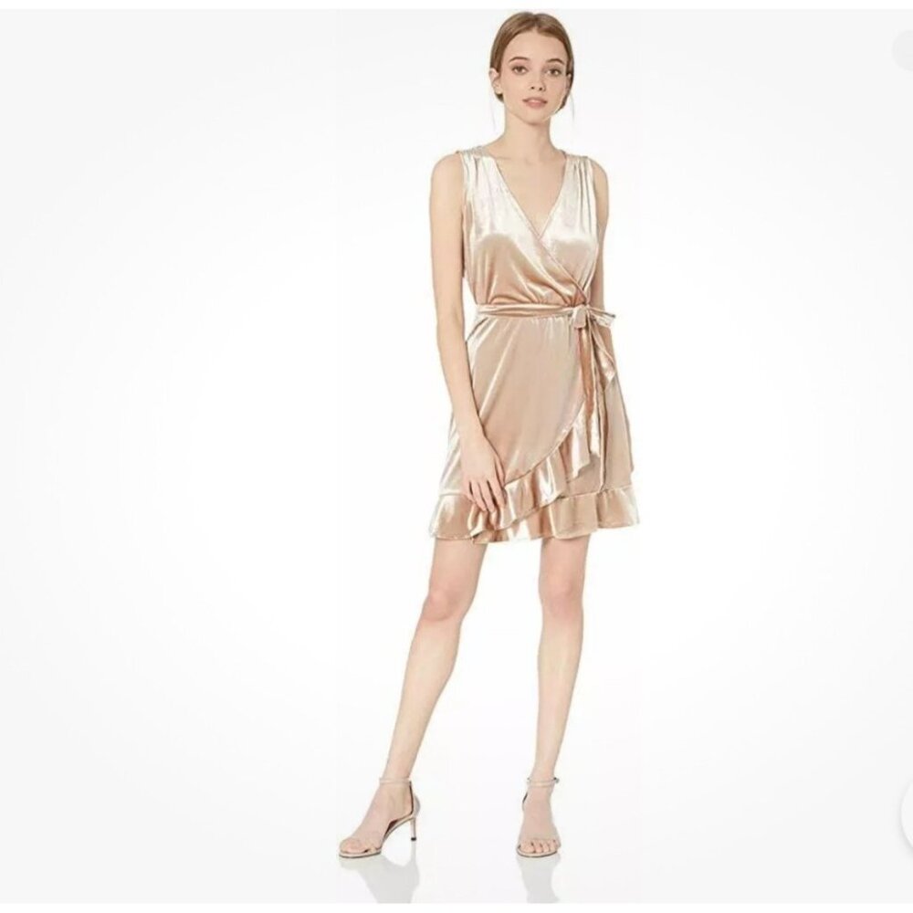 Bb Dakota women mini dress Size Large sleeveless Pale Gold Wrap Ruffle Velvet